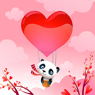 童趣卡通熊猫爱心热气球矢量背景
