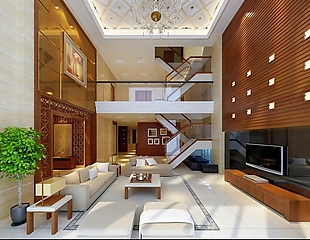 现代豪华客厅电视墙楼梯3d模型效果图
