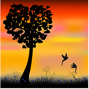 夕阳下的爱情树插画