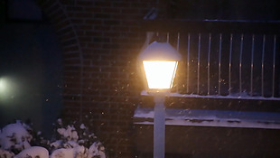 寒冷冬夜雪花下的路灯视频实拍