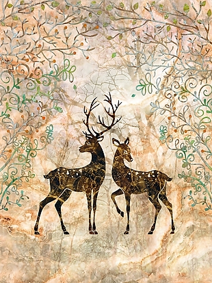 手绘彩绘森林草丛中麋鹿动物装饰画