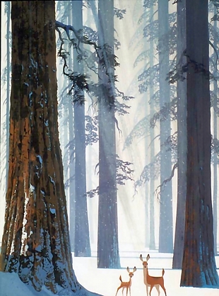 手绘森林动物树木雪景装饰画