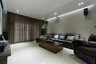 现代简约客厅皮质沙发射灯窗帘装修效果图