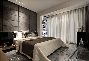 现代简约卧室射灯床铺窗帘装修效果图