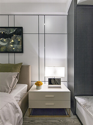 现代简约卧室壁画床头灯床头柜装修效果图
