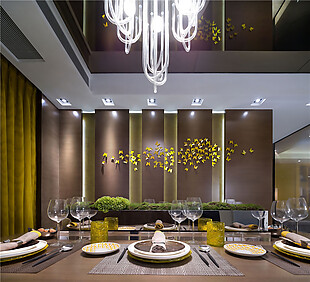简约现代餐厅水晶灯餐桌餐具装修效果图