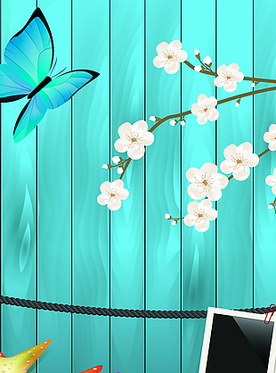 蓝色木板上的蝴蝶和花朵背景素材