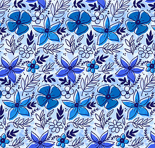 蓝色花朵和叶子无缝背景矢量图