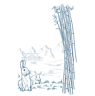 手绘的竹林兔子