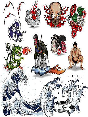 日式海浪人物卡通动漫插画装饰矢量素材