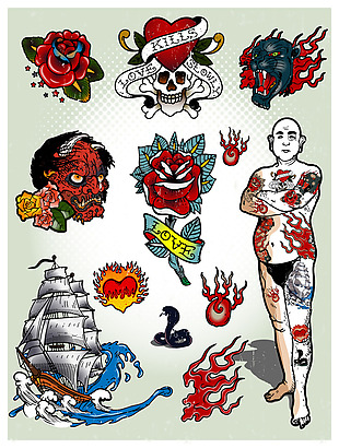 朋克人体纹身卡通动漫插画装饰矢量素材