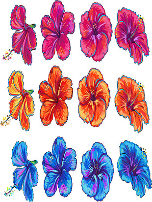 三色手绘卡通花朵矢量素材
