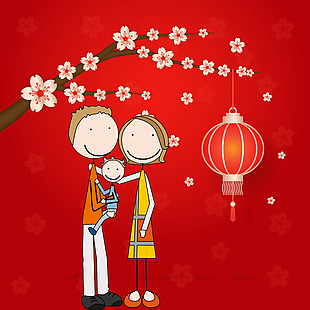 春节矢量手绘梅花一家人幸福家庭灯笼
