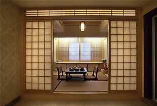 日式卧室格子木制门室内装修效果图