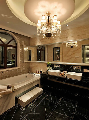 现代时尚浴室黑色大理石纹理地板室内装修图
