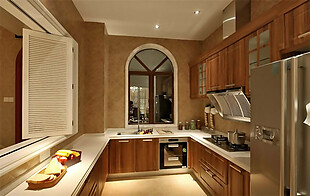 现代厨房木制家具室内装修效果图