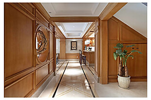 中式风格走廊木制墙面室内装修效果图