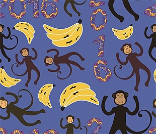 紫色猴子香蕉卡通填充背景矢量素材