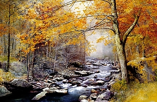 树林与溪流风景油画装饰画