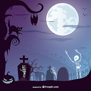 矢量万圣节墓地一只黑猫和骨架