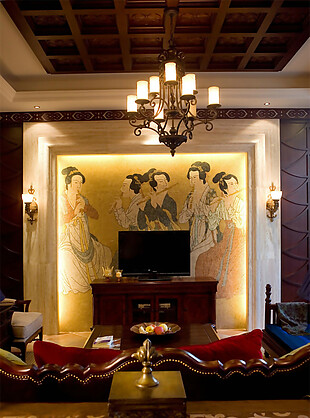 中式古典风格客厅电视仕女图背景墙效果图