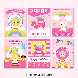 6粉红色的生日卡片与独角兽