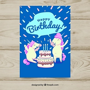 快乐的独角兽和蛋糕的生日卡