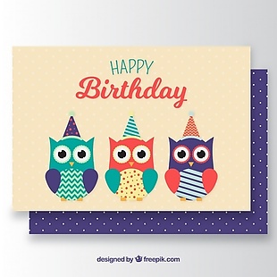 带三只彩色猫头鹰的生日贺卡