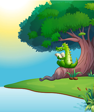 大树下看书的小鳄鱼插画