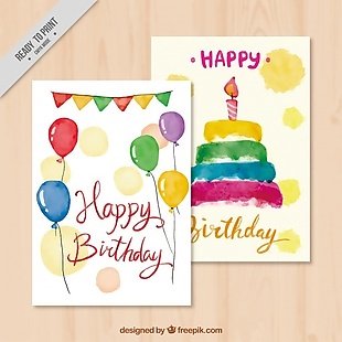 生日快乐卡蛋糕和水彩的气球