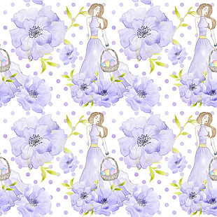 紫色波点花朵可爱复活节背景蓝色素材