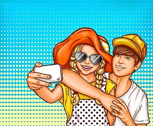 一个年轻的女孩和男孩在一个智能手机自拍矢量波普艺术插画。
