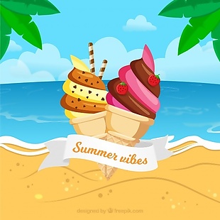 海滩背景配美味冰淇淋