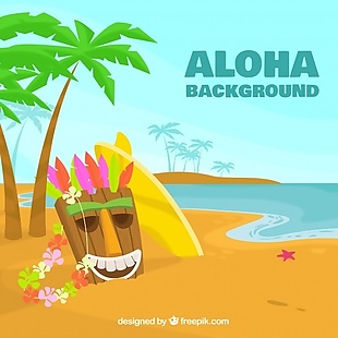 阿罗哈夏威夷面具在海滩背景