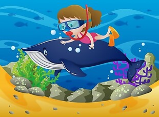 与鲸鱼在海底潜水的女孩