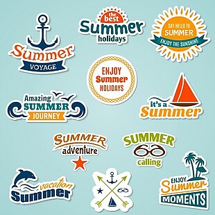 夏季海热带度假旅行假期贴纸集分离的矢量插画