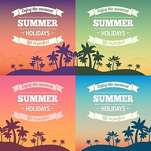 暑假假期旅游背景海报与日落和棕榈树矢量插图
