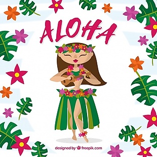 可爱的夏威夷女孩与花和叶的背景