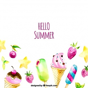 夏季背景与水彩冰淇淋