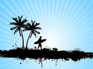 在一棵棕榈树的剪影背景冲浪者
