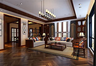 中式古风典雅客厅实木家具室内装修效果图