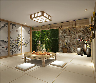 日式清新客厅绿植背景墙室内装修效果图