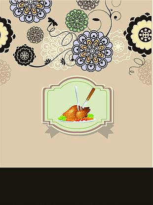 西式火鸡料理复古花纹美食矢量背景素材