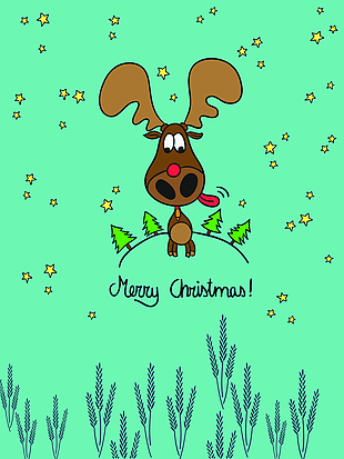 卡通圣诞麋鹿新年祝福背景绿蓝色