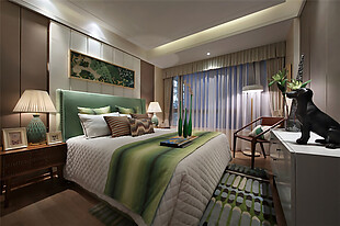 新中式卧室床铺家装效果图