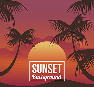 热带日落背景与棕榈树