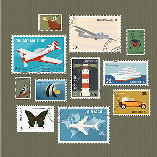 时尚创意旅行插画邮票