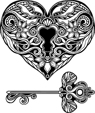 黑白艺术爱心锁和钥匙插画