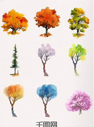 一组梦幻色彩水彩植物树木素材