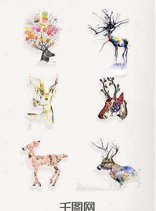 一组精美水彩动物鹿设计素材
